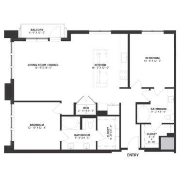 Rendering of the Holland 1 floor plan with 2 bedroom[s] and 2 bathroom[s] at Hartwood