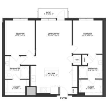 Rendering of the Cambridge 2 floor plan with 2 bedroom[s] and 2 bathroom[s] at Hartwood