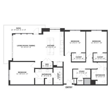 Rendering of the Mulberry.ADA floor plan with 3 bedroom[s] and 2 bathroom[s] at Hartwood