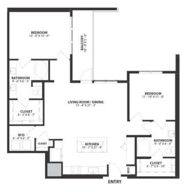 Rendering of the Hemingway floor plan with 2 bedroom[s] and 2 bathroom[s] at Hartwood