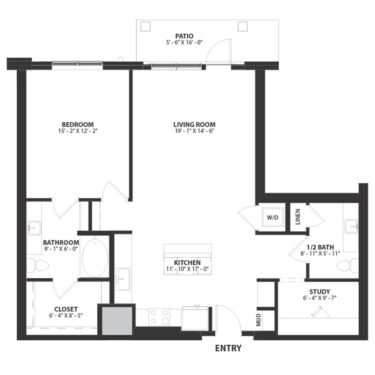 Rendering of the Brooklyn floor plan with 1 bedroom[s] and 1.5 bathroom[s] at Hartwood