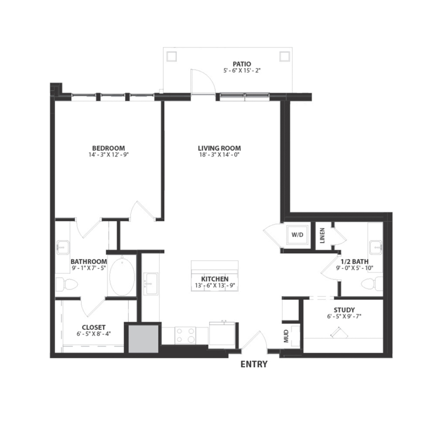 Rendering of the Bristol floor plan with 1 bedroom[s] and 1 bathroom[s] at Hartwood