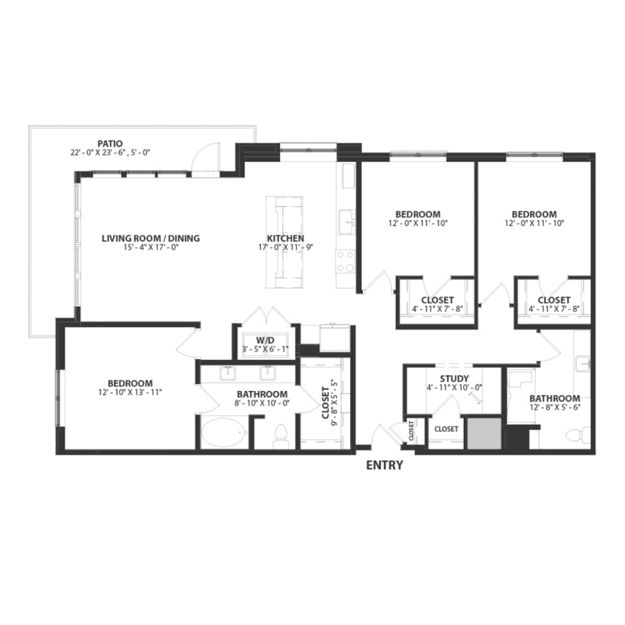 Rendering of the Mulberry.ADA floor plan with 3 bedroom[s] and 2 bathroom[s] at Hartwood