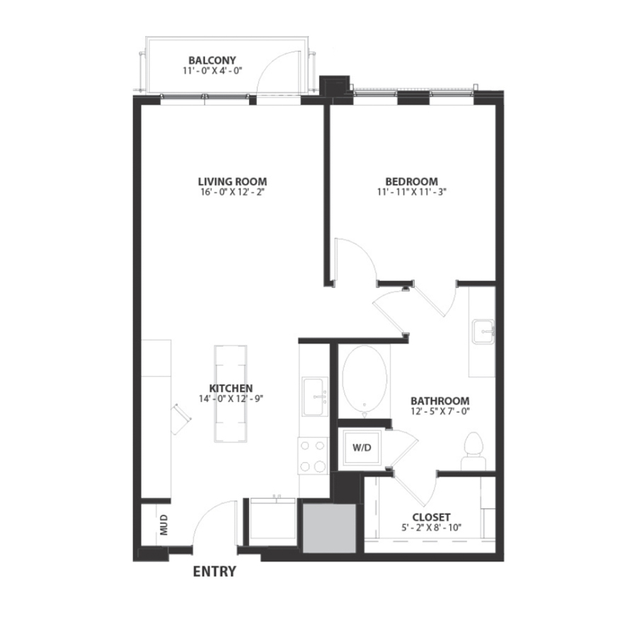 Rendering of the Atlas.ADA floor plan with 1 bedroom[s] and 1 bathroom[s] at Hartwood