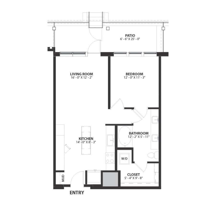 Rendering of the Astor floor plan with 1 bedroom[s] and 1 bathroom[s] at Hartwood
