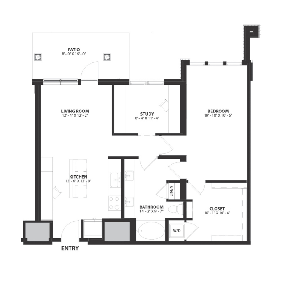Rendering of the Bowery floor plan with 1 bedroom[s] and 1 bathroom[s] at Hartwood