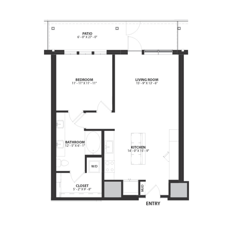 Rendering of the Berkeley floor plan with 1 bedroom[s] and 1 bathroom[s] at Hartwood