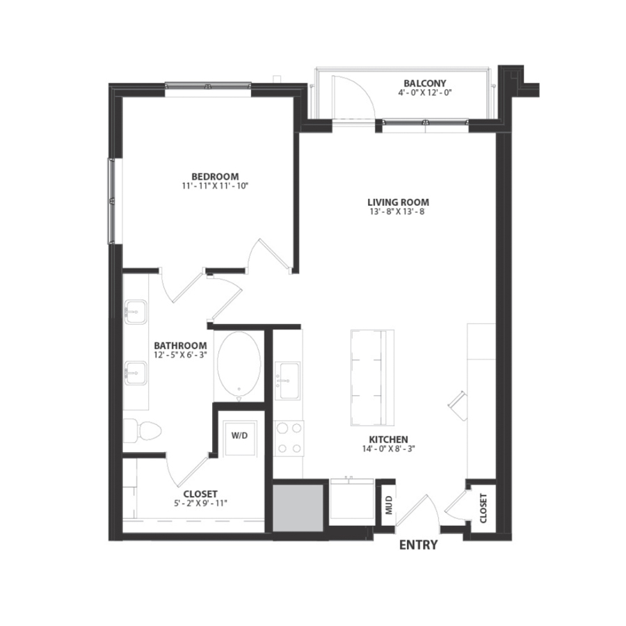 Rendering of the Belmont floor plan with 1 bedroom[s] and 1 bathroom[s] at Hartwood