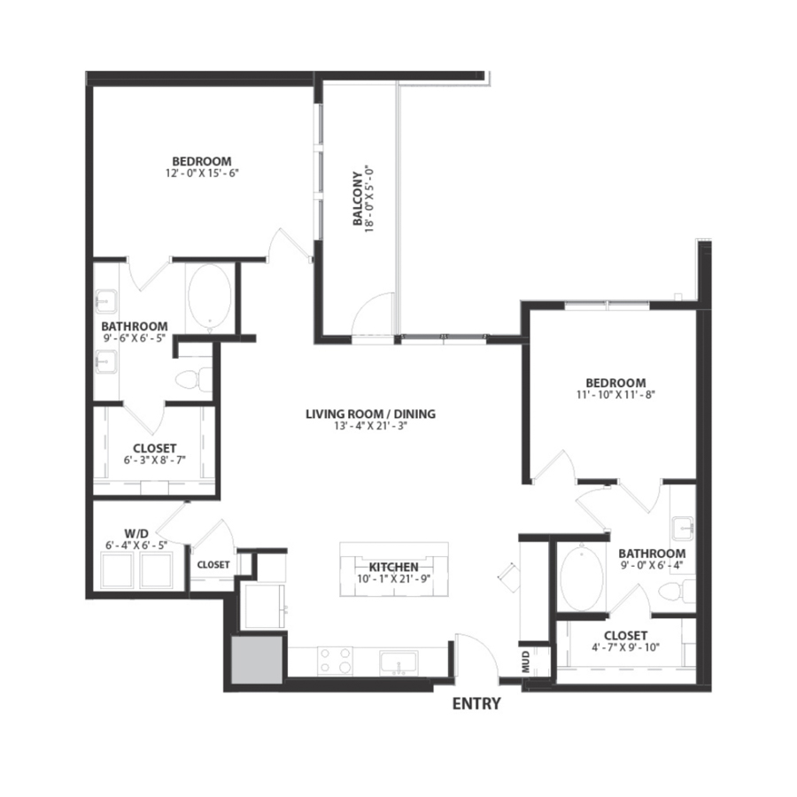 Rendering of the Hemingway floor plan with 2 bedroom[s] and 2 bathroom[s] at Hartwood