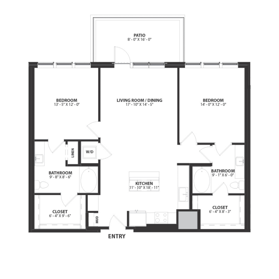 Rendering of the Carlyle.ADA floor plan with 2 bedroom[s] and 2 bathroom[s] at Hartwood