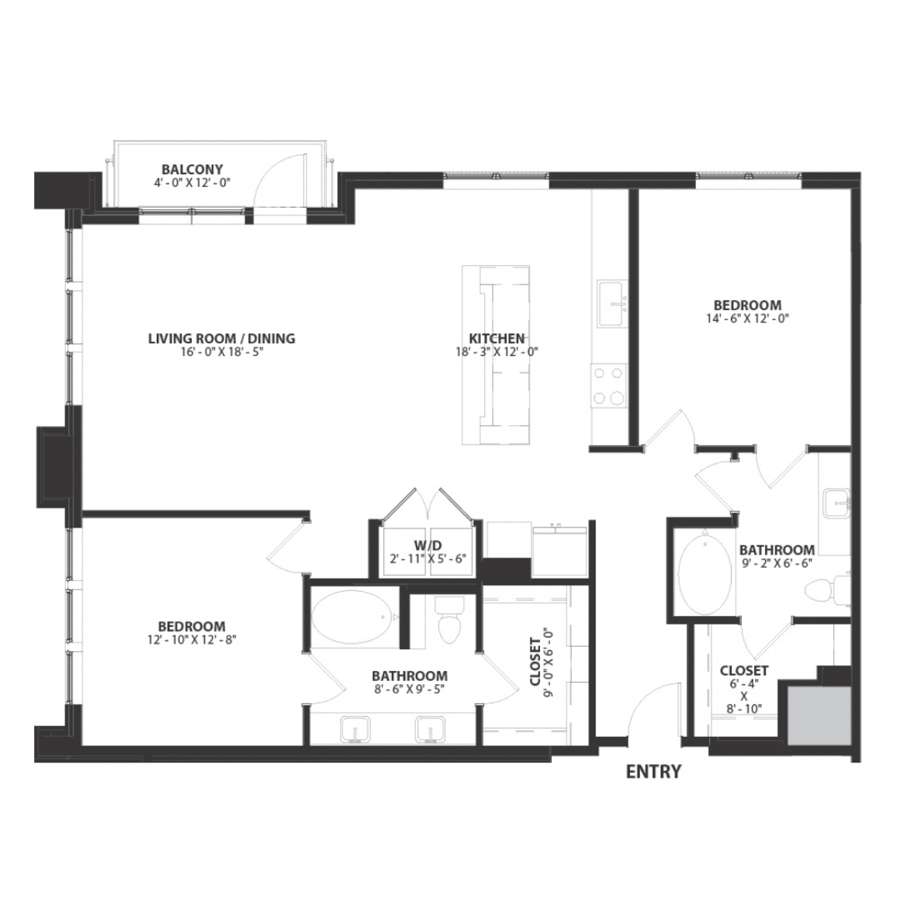 Rendering of the Holland 1 floor plan with 2 bedroom[s] and 2 bathroom[s] at Hartwood