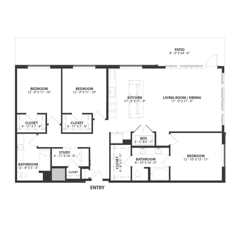 Rendering of the Ludlow.ADA floor plan with 3 bedroom[s] and 2 bathroom[s] at Hartwood