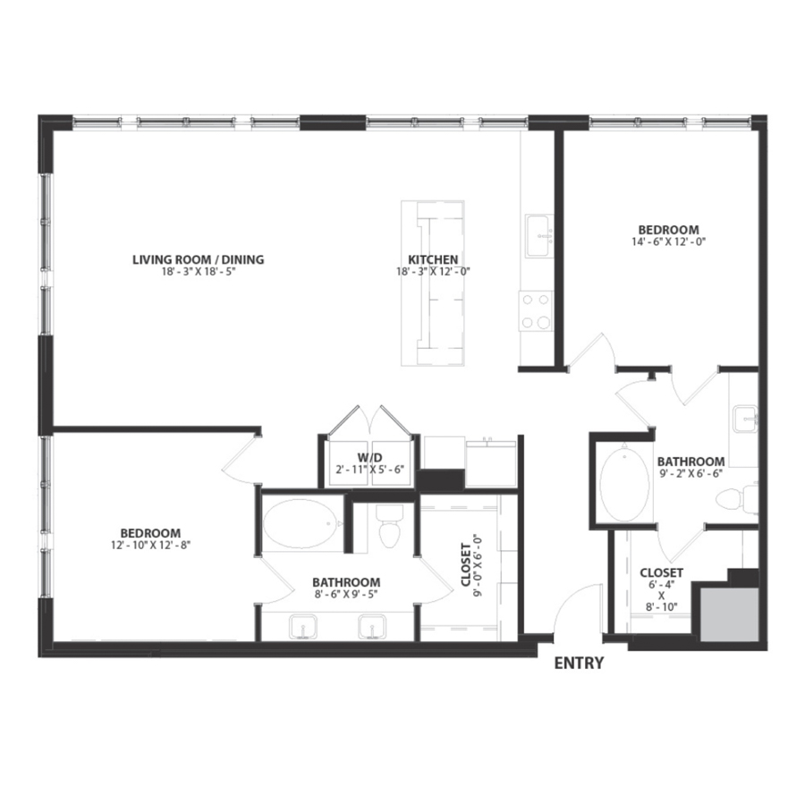 Rendering of the Holland 2 floor plan with 2 bedroom[s] and 2 bathroom[s] at Hartwood