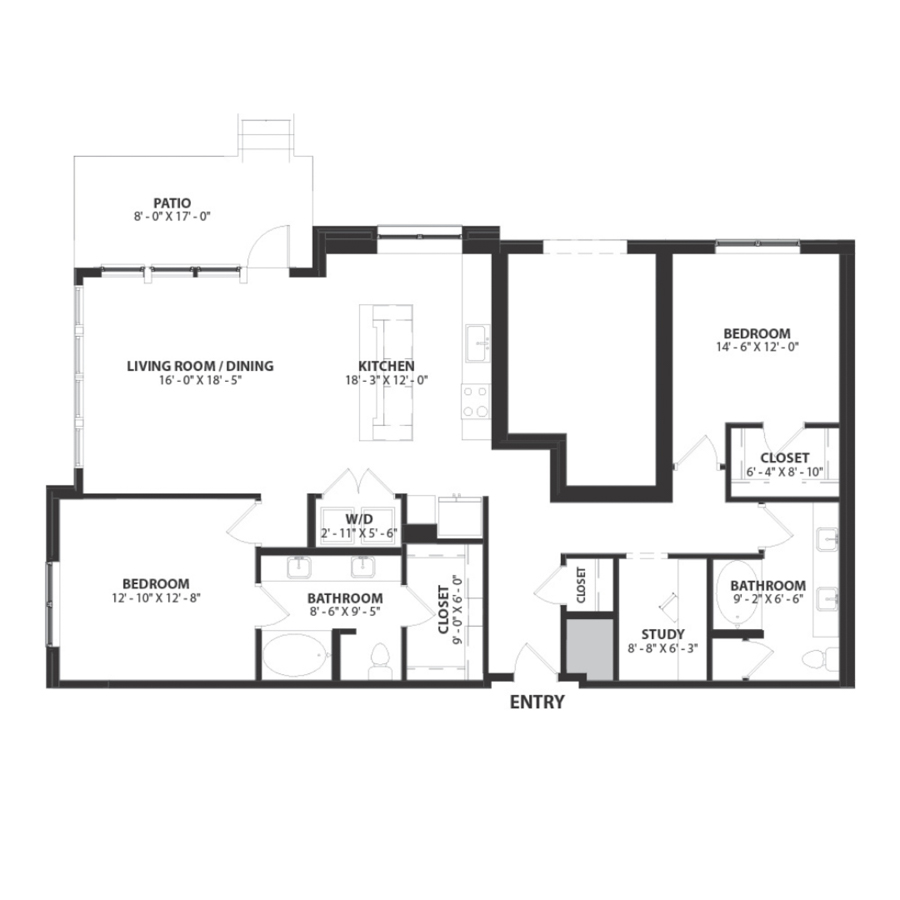 Rendering of the Kenmare floor plan with 2 bedroom[s] and 2 bathroom[s] at Hartwood