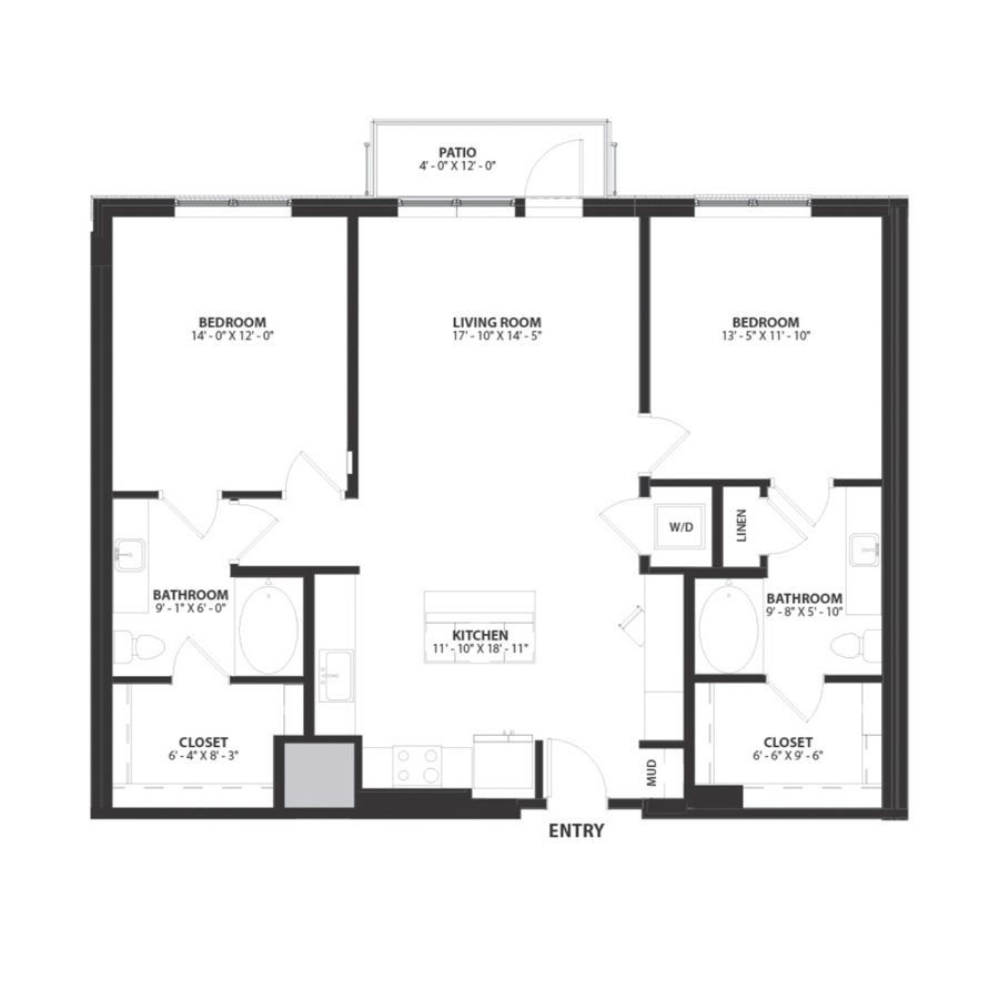 Rendering of the Cambridge 1 floor plan with 2 bedroom[s] and 2 bathroom[s] at Hartwood